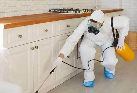 Técnico aplicando gel contra cucarachas en una cocina de Tenerife