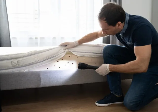 Inspección de chinches en el colchón de una habitación de hotel en Tenerife